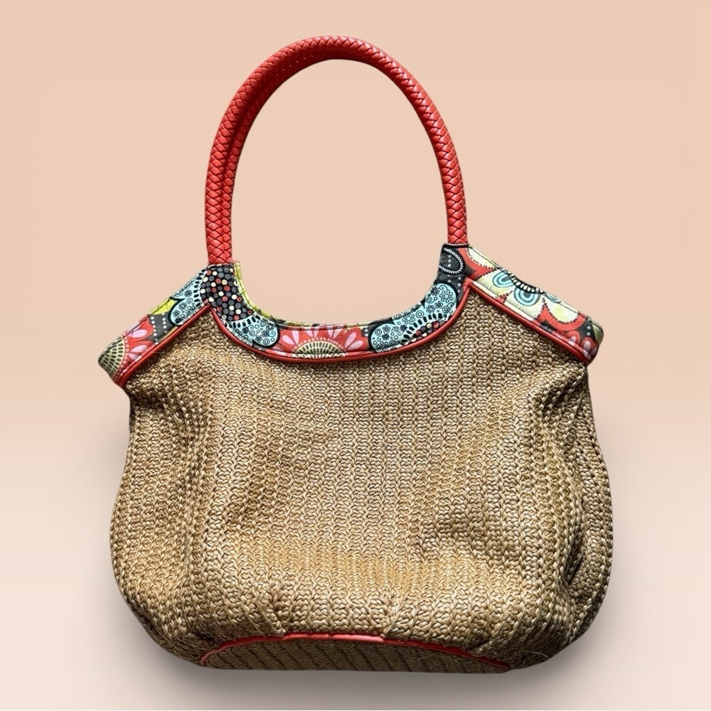 Vintage Vera Bradley Straw Bucket Tote in the "Flower Shower" Pattern